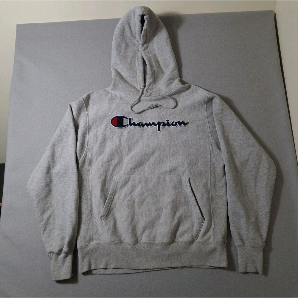 Champion Reverse Weave Hoodie Med Heathered Grey Big Spellout Logo Sweatshirt